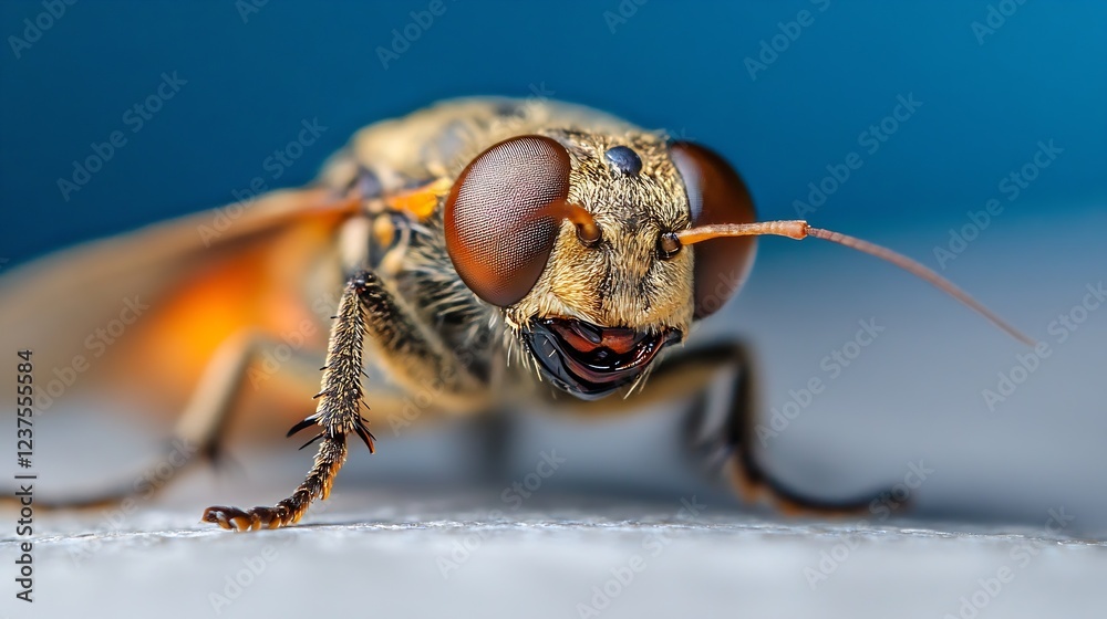 Poster macro view of bee with detailed closeup of eyes and antennae on blue background : generative ai