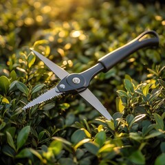 Obraz premium Pruning Shears Positioned Among Fresh Green Hedges in Sunlight