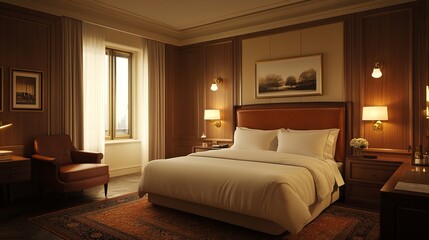 Cozy Bedroom Featuring a Comfortable Bed Elegantly Arranged with Soft Bedding and Plush Pillows Accompanied by a Stylish Chair and a Warm Lamp Creating a Relaxing Atmosphere for Rest