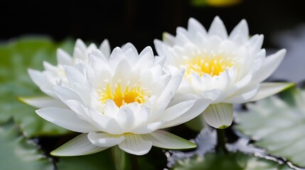 Exquisite White Water Lilies with Yellow Centers on Calm Pond Surface : Generative AI