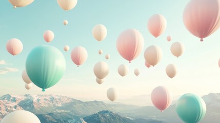 Obraz premium Pastel Balloons Floating Over Snowy Mountains: A Dreamlike Aerial View