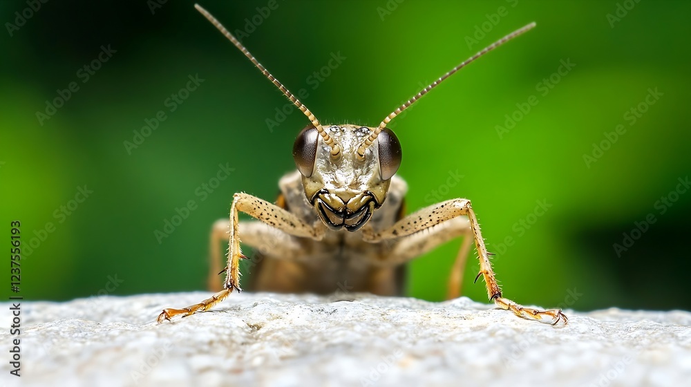 Poster Grasshopper Face Macro Shot with Detail Focus on Antennae and Large Eyes : Generative AI