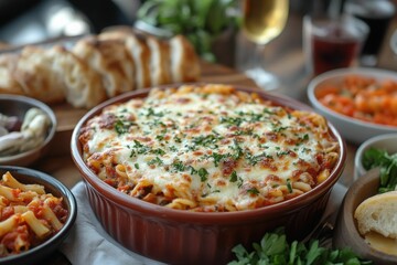 Delicious baked pasta with melted cheese, herbs and sides ready for dinner, Generated AI