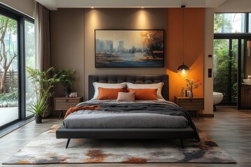 Modern black fabric queen-size bed frame with headboard and footboard in a Scandinavian-style bedroom design.