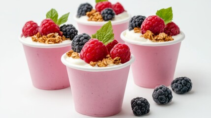 Fresh Berry Yogurt Cups with Granola and Mint Garnish