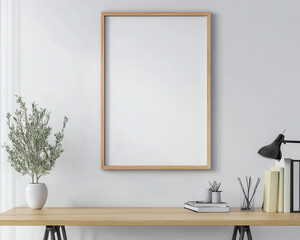 Modern Minimalist Office Desk with Framed Blank Canvas for Custom Artwork and Natural Plant D?cor