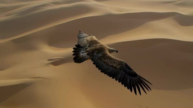 A powerful eagle with outstretched wings soars above vast desert sand dunes, showcasing freedom, survival, and the beauty of nature.