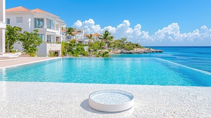 Fototapeta premium Oceanfront villa pool; luxury resort; Caribbean sea; relaxing vacation