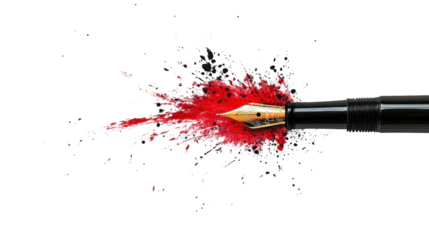 Fountain pen drawing a splash of red and black ink on a transparent background