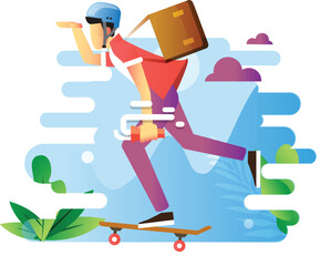 illustration of a man using a skateboard, a student using a skateboard going to campus