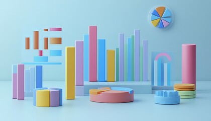 Obraz premium 3D bar graphs and pie charts arranged on a minimalist background