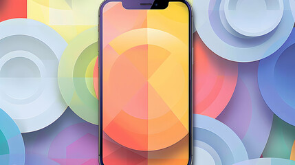 A smartphone displayed against a colorful abstract background with circular patterns.