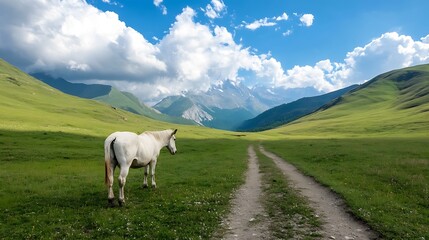 Solitary Horse on Countryside Path Leading Into Mountainous Horizon Beneath Blue Sky : Generative AI