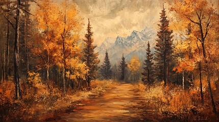 Fototapeta premium Autumn Landscape Painting of Forest Path Leading to Snow Capped Mountains : Generative AI