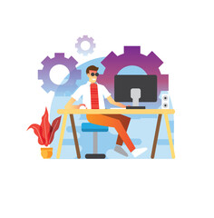 a man is working at his laptop. Modern office interior with work process icons on the background. Vector illustration.