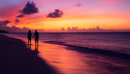 Fototapeta premium Couple Silhouetted Against Vibrant Sunset Ocean Beach