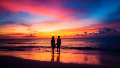 Silhouette Couple Holding Hands Watching a Vibrant Sunset Ocean Beach