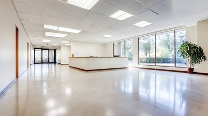 Fototapeta premium Spacious Reception Area in Modern Office Building with Natural Light and Greenery : Generative AI