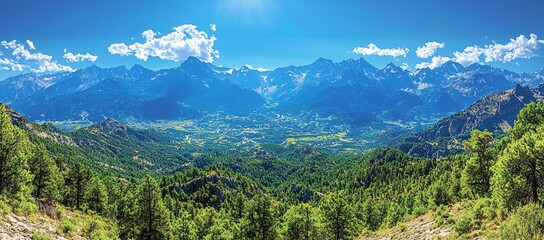 Mountain valley panorama, sunny day, lush green forests, distant peaks. Travel poster