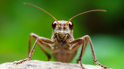 CloseUp of Grasshopper with Prominent Eyes and Brown Body on Green Backdrop : Generative AI