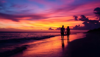 Fototapeta premium Couple Silhouetted Against Vibrant Sunset Beachscape