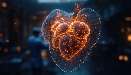 Obraz premium Medical Technology Digital Heart Model Glowing in Abstract Dark Setting