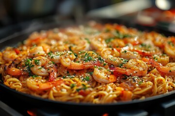 Delicious shrimp scampi with noodles served on plate, cooked to perfection, Generated AI