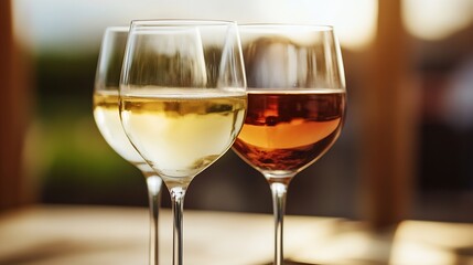 Trio of Wine Glasses with White and Rosé Wine in Sunlit Setting : Generative AI