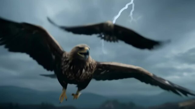 Powerful eagles fight and fly through a dark stormy sky as lightning strikes in the background, symbolizing strength, danger, and dominance in nature.