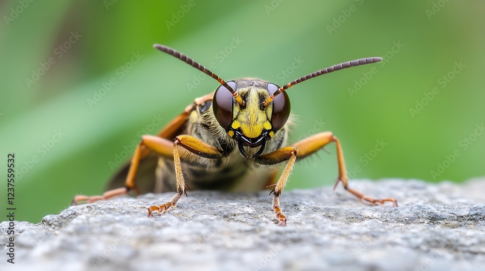 Poster closeup of insect on rock with green background in natural habitat : generative ai