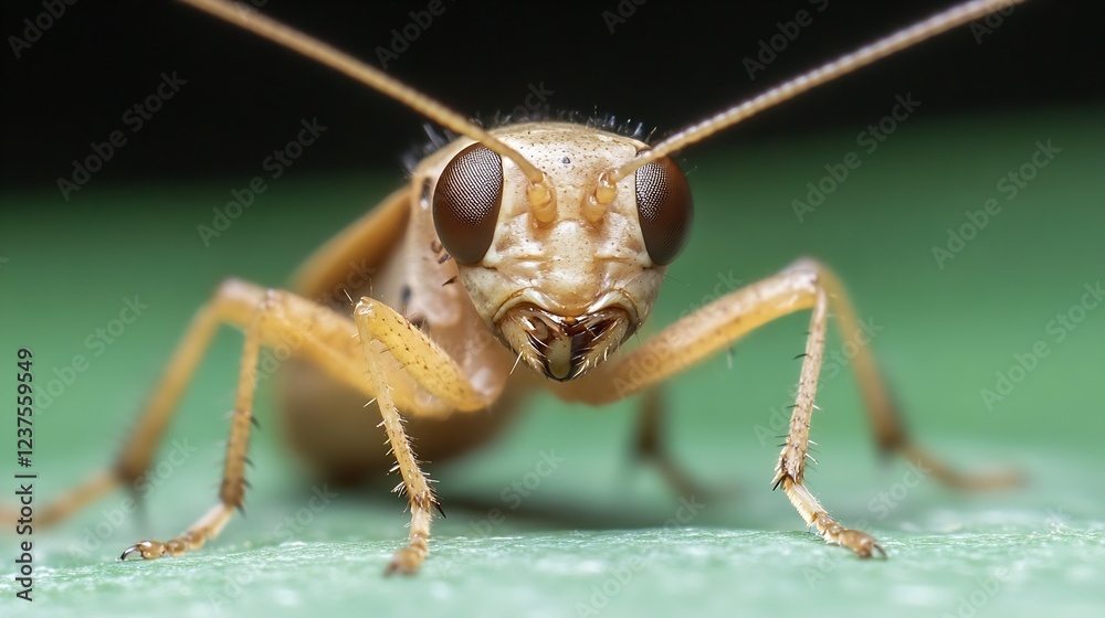 Poster detailed macro view of brown cockroach showcasing characteristics on green background : generative a