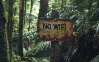 A rustic wooden sign among trees in a lush forest, with the phrase No Wi Fi painted on it, symbolizing a digital detox or disconnected zone in nature