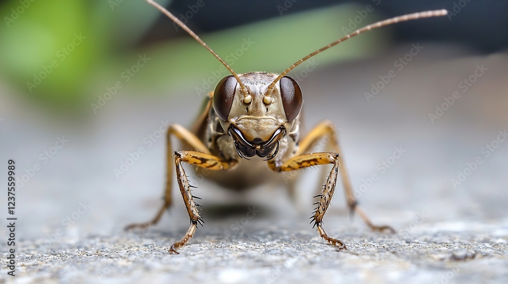 Aufkleber Curious Grasshopper Staring Intently at Camera on Concrete Surface : Generative AI