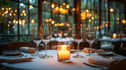 Romantic candlelit dinner, restaurant, bokeh background, date night