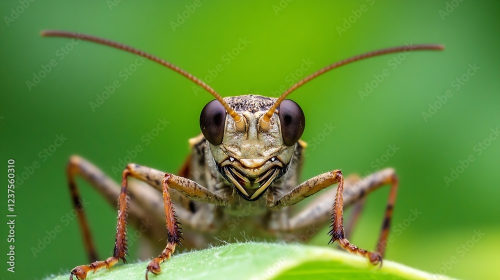 Poster Closeup of a grasshopper on a green leaf with blurred natural background : Generative AI