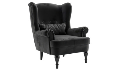 Comfortable black upholstered armchair with pillow on transparent background