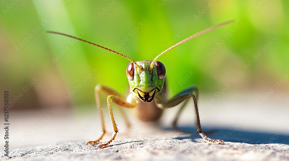 Poster Captivating Closeup of a Green Grasshopper on a Stone with Lush Background : Generative AI