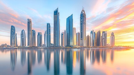 Fototapeta premium Cityscape sunrise, waterfront reflections, skyscrapers, Middle East, travel