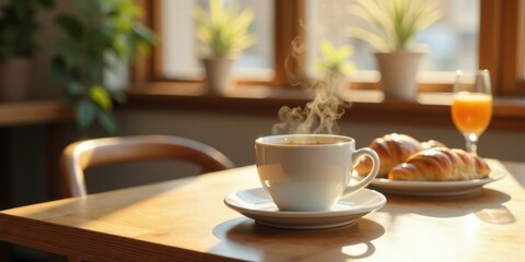 Fototapeta premium Morning sunlight illuminates a steaming cup of coffee and freshly baked pastries on a table