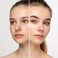 A split image showing a woman's face before and after skincare treatment, highlighting significant improvement in her complexion and skin texture.