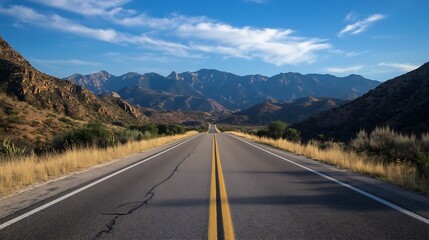 Fototapeta premium Majestic Mountain Road Under Clear Blue Sky Ideal for Travel Adventure and Scenic Outdoor Exploration : Generative AI