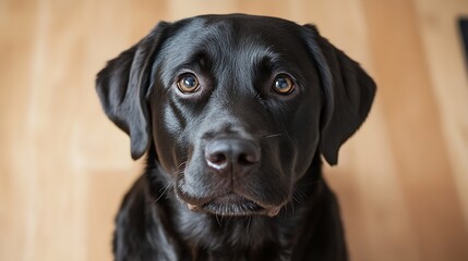 Fototapeta premium Intense Gaze of Black Labrador Retriever on Hardwood Floor in Bright Cozy Home Setting : Generative AI