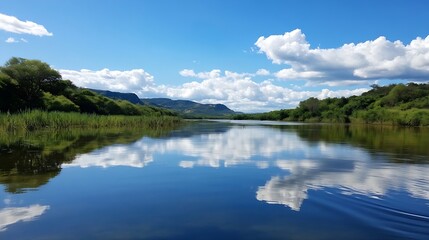 Fototapeta premium Serene Lake with Reflective Water and Idyllic Landscape under Clear Blue Skies : Generative AI
