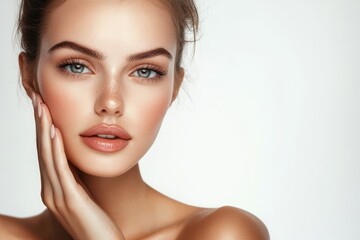 Portrait of a serene woman with fresh skin showcasing hand and nail care on a white background