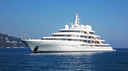 Luxury White Superyacht Cruising on the Calm Ocean under Clear Blue Sky : Generative AI
