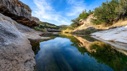 Tranquil River in a Rocky Canyon with Lush Greenery Under Blue Sky : Generative AI