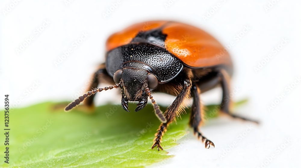 Poster closeup of a vibrant orange beetle on a green leaf showcasing its intricate textures and natural col
