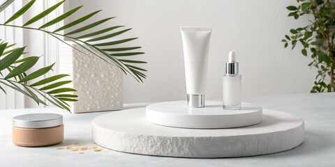 A Stylish Porous Pedestal on a White Table for Showcasing Beauty Items