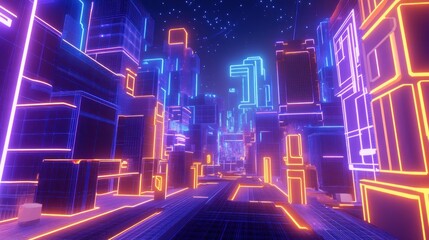 Neon city street at night, futuristic cityscape, digital art, game background