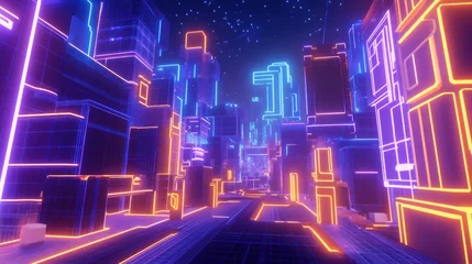 Gardinen Neon city street at night, futuristic cityscape, digital art, game background © Nurul